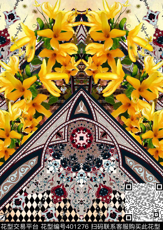 花卉菱形格腰果数码印花华亿平台下载（图片编号: 401276） - 瓦栏（Walan）
