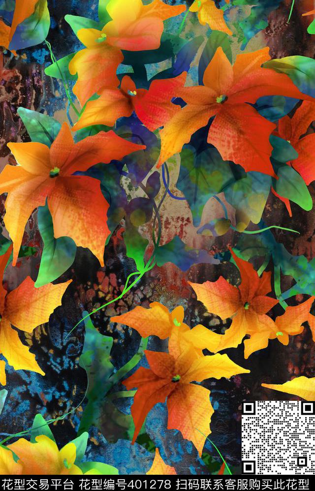 手绘效果树叶数码印花华亿平台下载（图片编号: 401278） - 瓦栏（Walan）