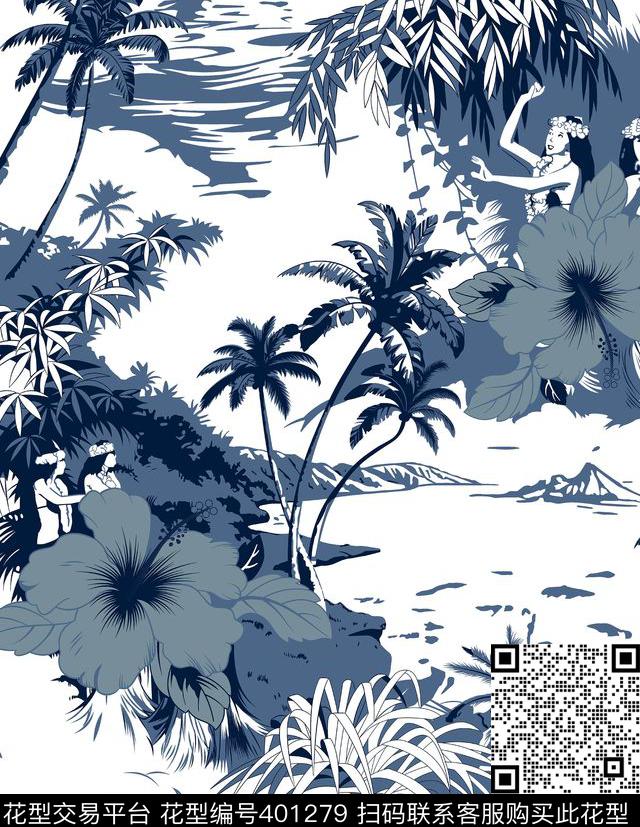 写意椰林草裙女孩传统印花华亿平台下载（图片编号: 401279） - 瓦栏（Walan）
