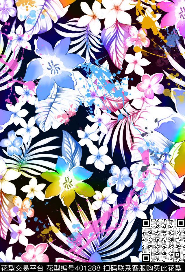 墨点水彩热带数码印花华亿平台下载（图片编号: 401288） - 瓦栏（Walan）