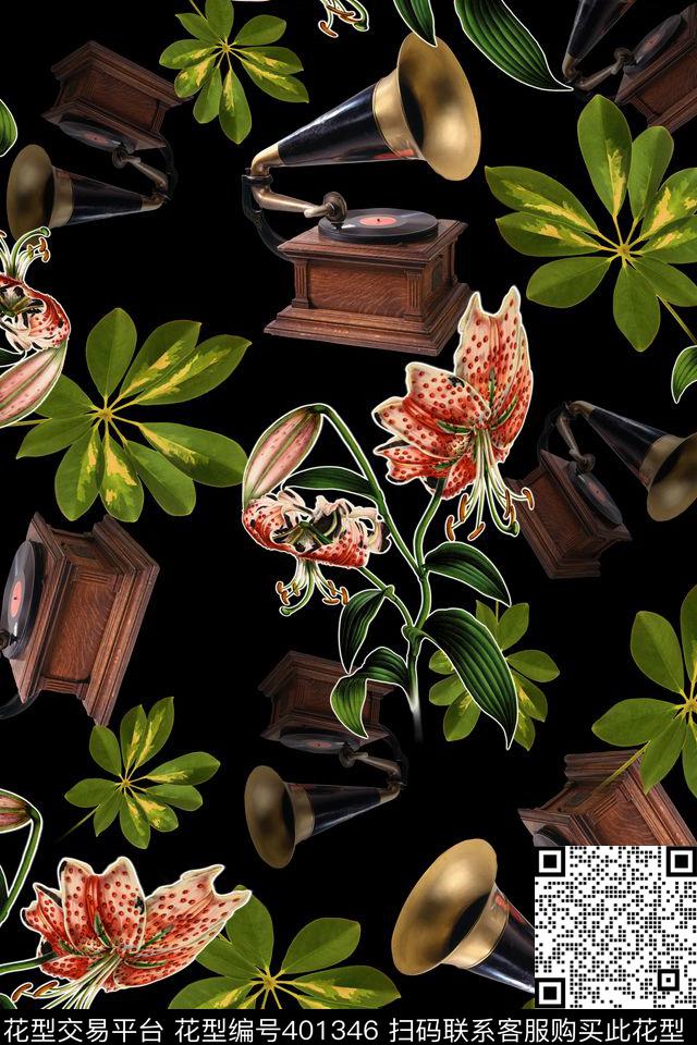 复古留声机手绘花黑底数码印花华亿平台下载（图片编号: 401346） - 瓦栏（Walan）