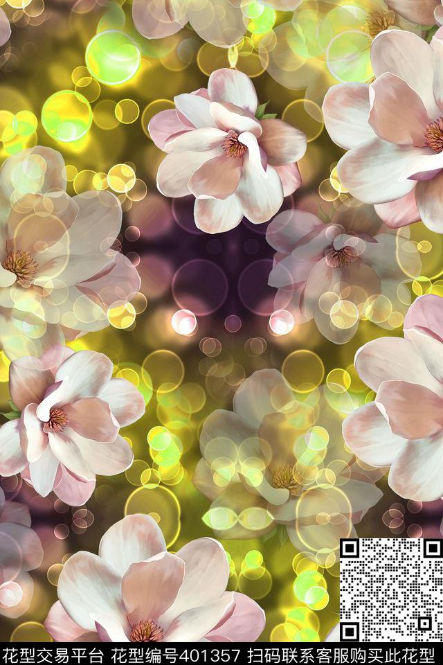 白色花卉花卉梦幻数码印花华亿平台下载（图片编号: 401357） - 瓦栏（Walan）