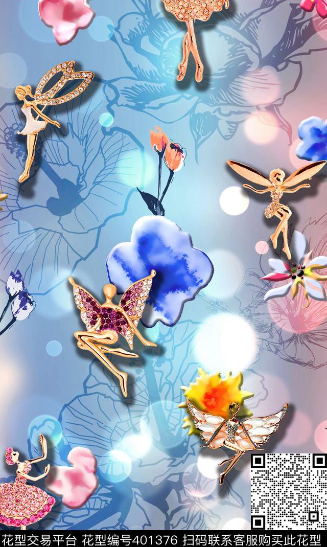 浪漫唯美清新钻石珠宝水晶芭蕾翅膀女性舞蹈花卉水彩光晕光斑数码印花华亿平台下载（图片编号: 401376） - 瓦栏（Walan）