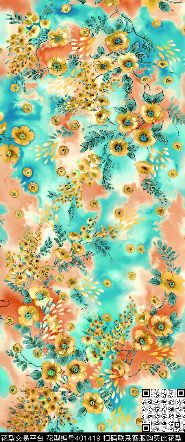 云海手绘花卉花卉数码印花华亿平台下载（图片编号: 401419） - 瓦栏（Walan）