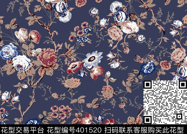 月季花大蓝色底传统印花华亿平台下载（图片编号: 401520） - 瓦栏（Walan）