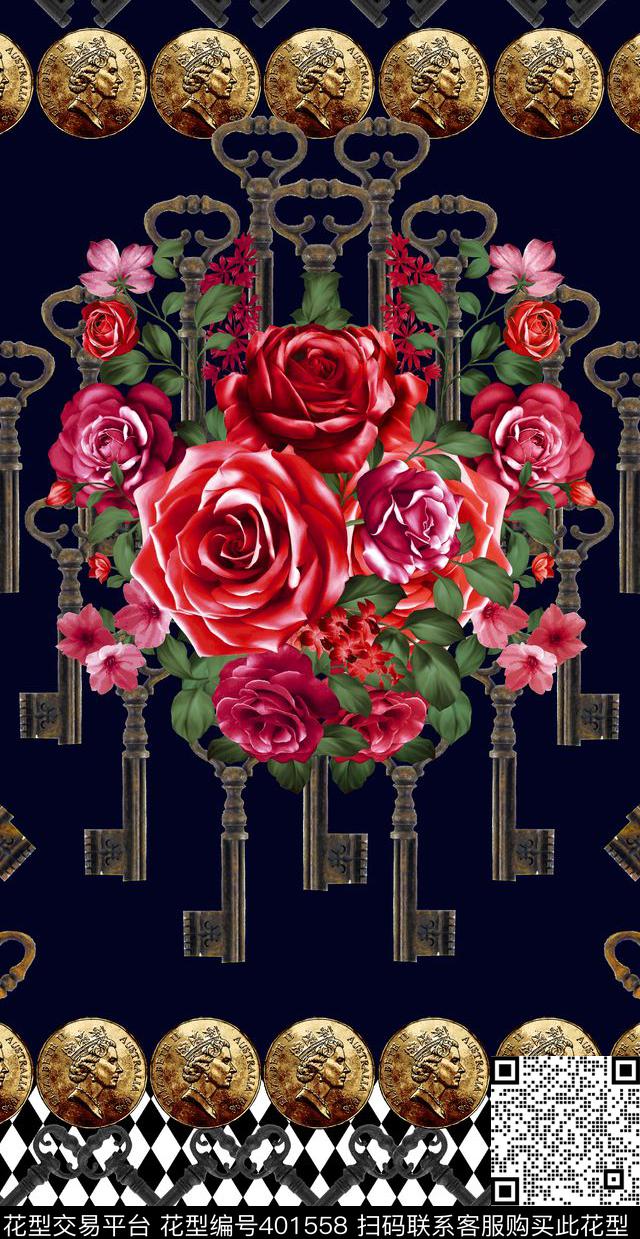 花卉菱形格古钥匙古钱币数码印花华亿平台下载（图片编号: 401558） - 瓦栏（Walan）