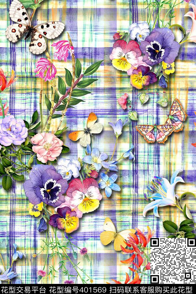 时尚几何格子兰花数码印花华亿平台下载（图片编号: 401569） - 瓦栏（Walan）