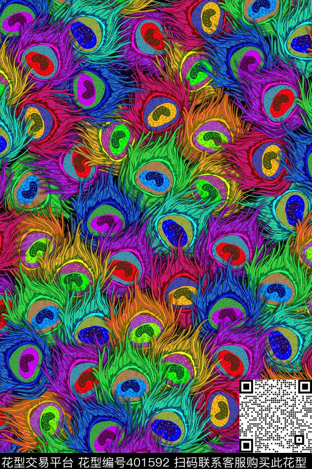 动物纹孔雀羽毛七彩传统印花华亿平台下载（图片编号: 401592） - 瓦栏（Walan）