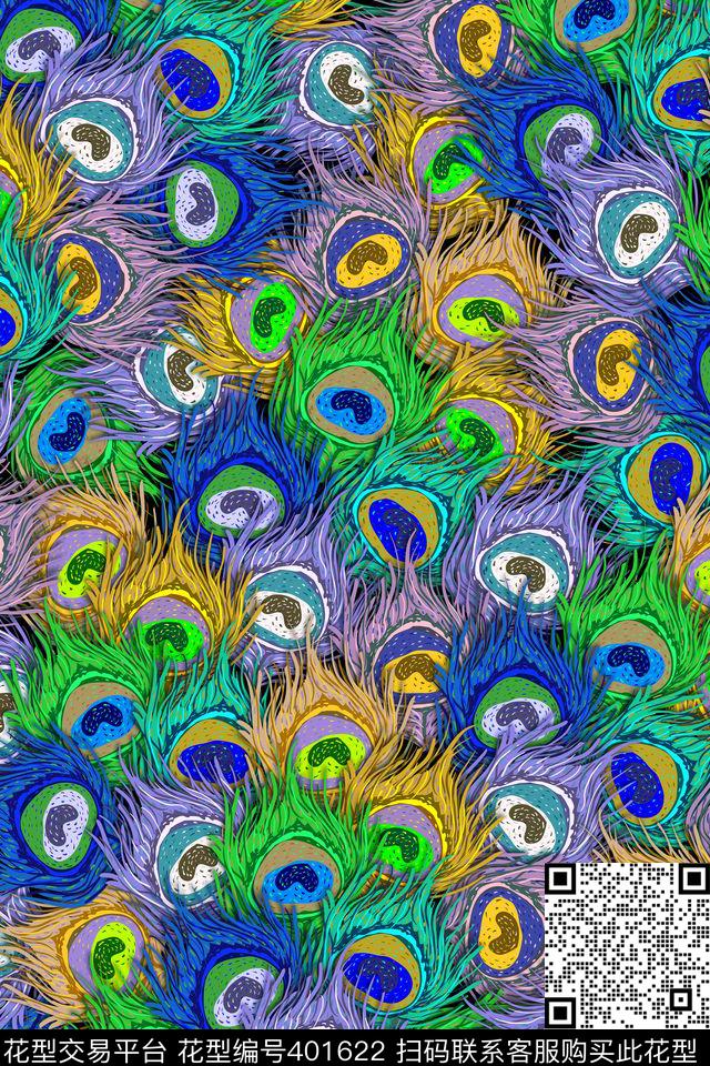 动物纹孔雀羽毛七彩传统印花华亿平台下载（图片编号: 401622） - 瓦栏（Walan）