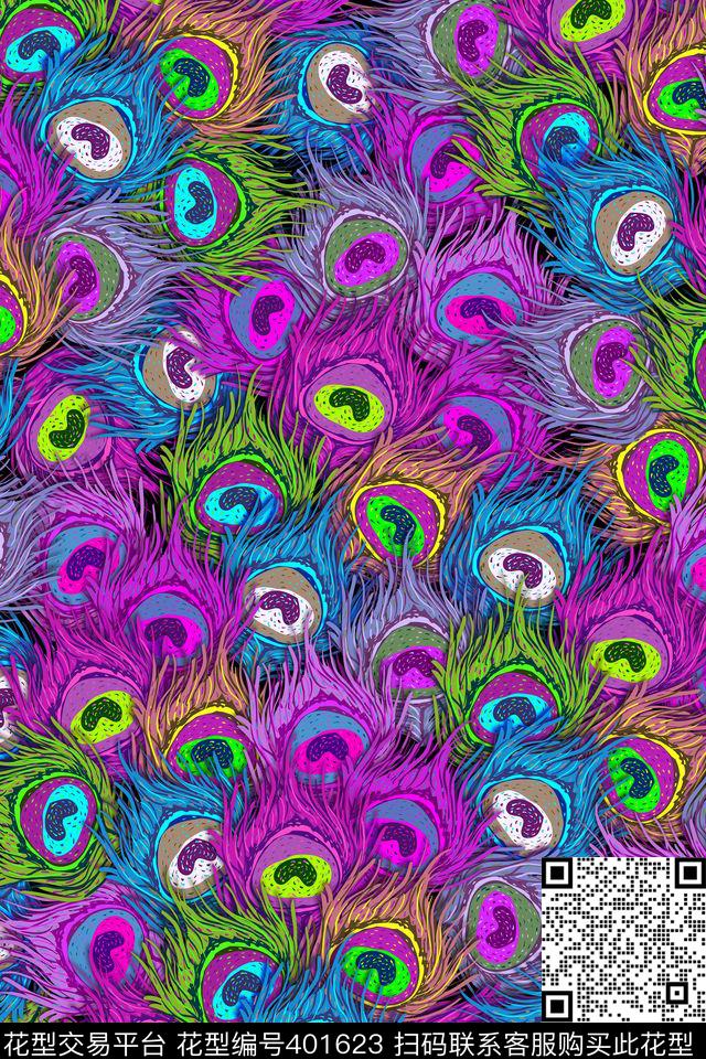 动物纹孔雀羽毛七彩传统印花华亿平台下载（图片编号: 401623） - 瓦栏（Walan）