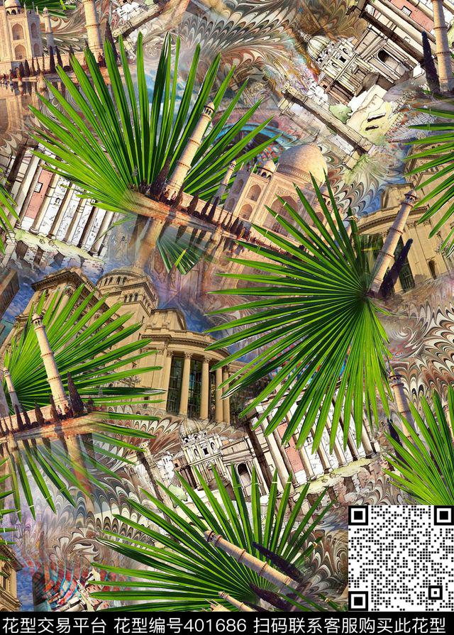 建筑热带棕榈叶数码印花华亿平台下载（图片编号: 401686） - 瓦栏（Walan）