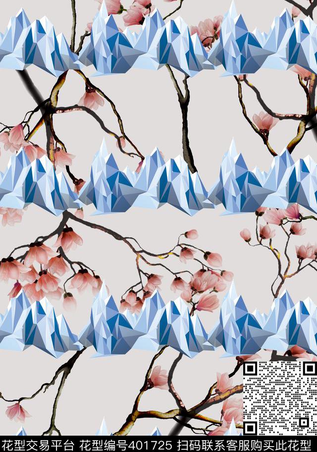 清新冰山花枝数码印花华亿平台下载（图片编号: 401725） - 瓦栏（Walan）