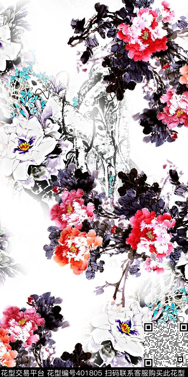 水墨花卉数码印花华亿平台下载（图片编号: 401805） - 瓦栏（Walan）
