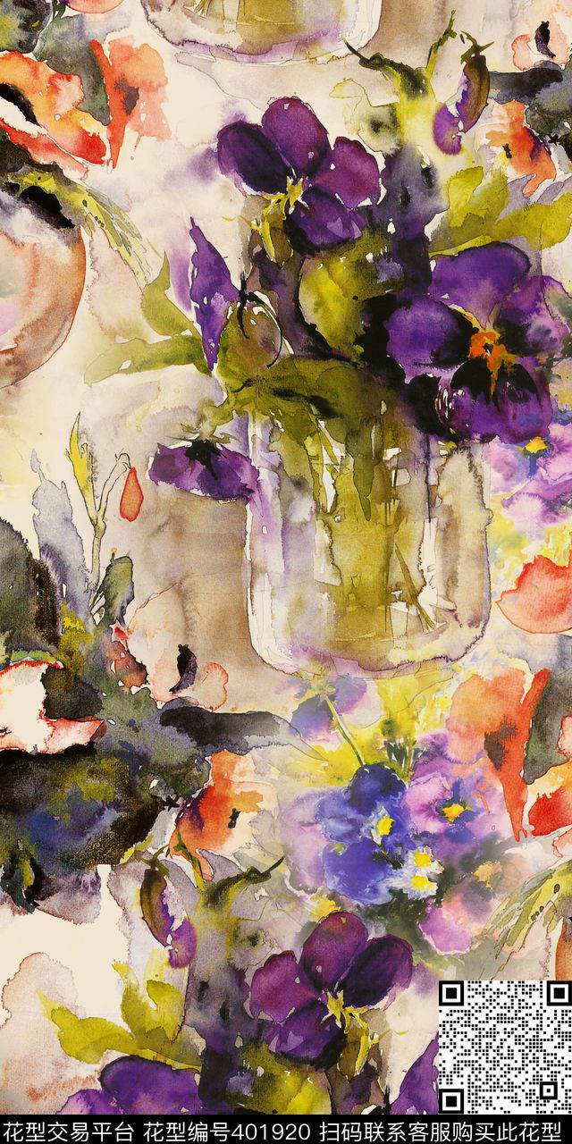 绸缎服装水彩花卉组合数码印花华亿平台下载（图片编号: 401920） - 瓦栏（Walan）