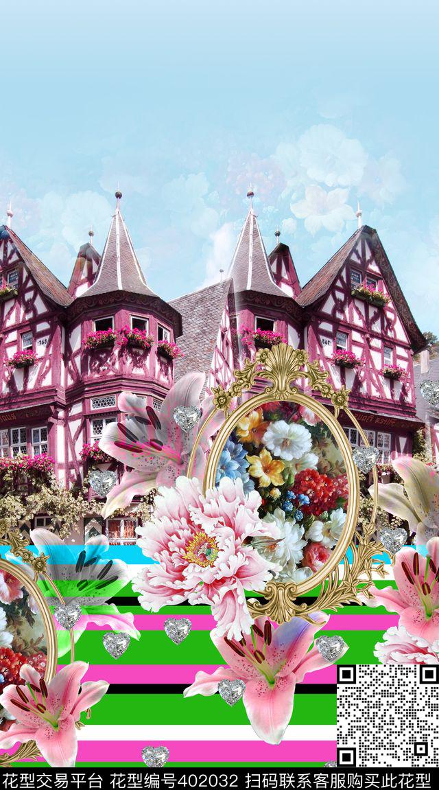 大气定位建筑、条纹、花卉数码印花华亿平台下载（图片编号: 402032） - 瓦栏（Walan）