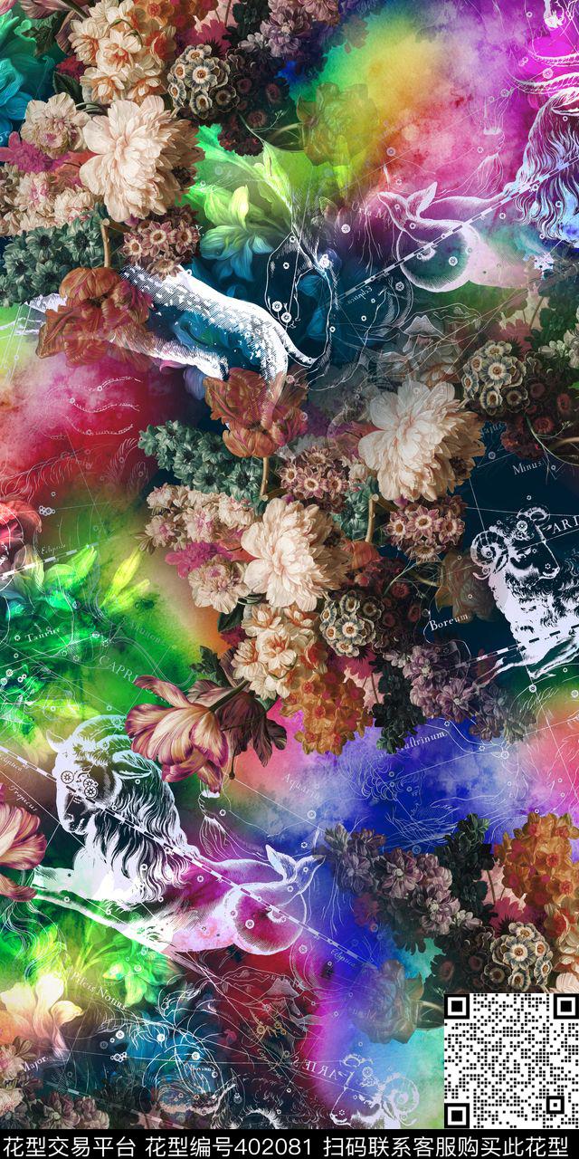 服装花卉五彩极光数码印花华亿平台下载（图片编号: 402081） - 瓦栏（Walan）