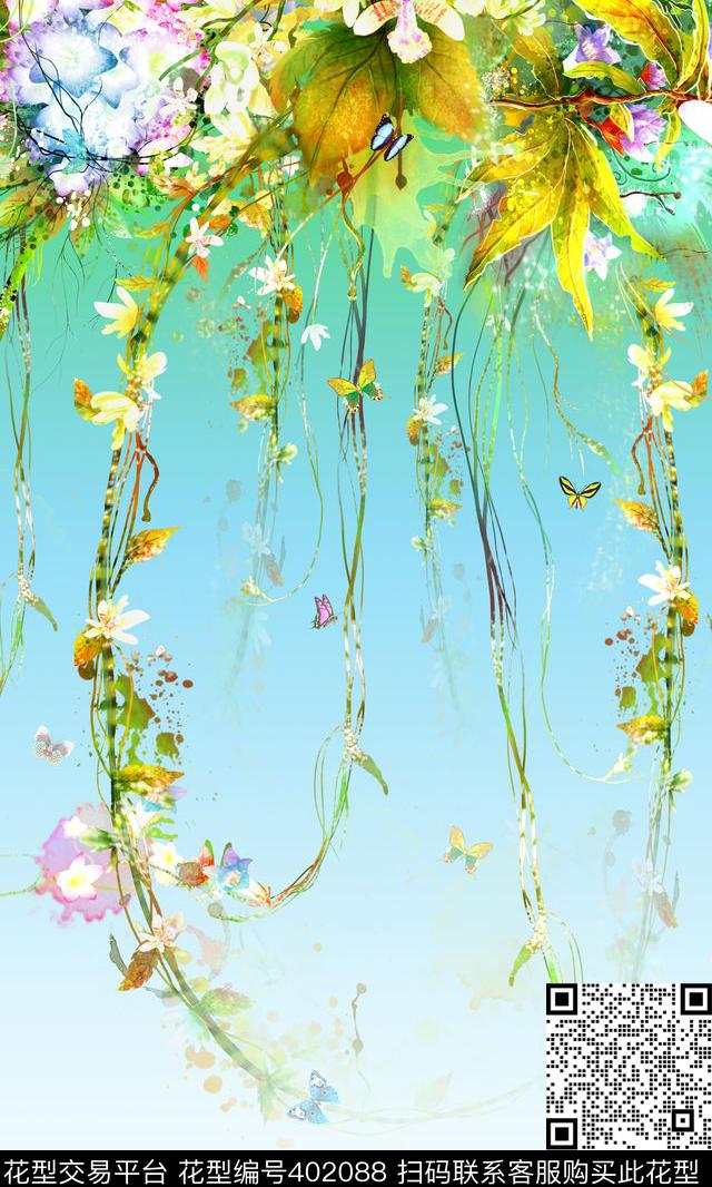 水彩花卉柳枝数码印花华亿平台下载（图片编号: 402088） - 瓦栏（Walan）