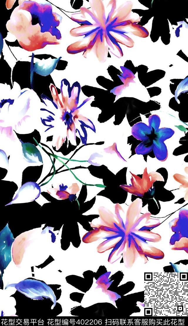 手绘花卉数码印花华亿平台下载（图片编号: 402206） - 瓦栏（Walan）