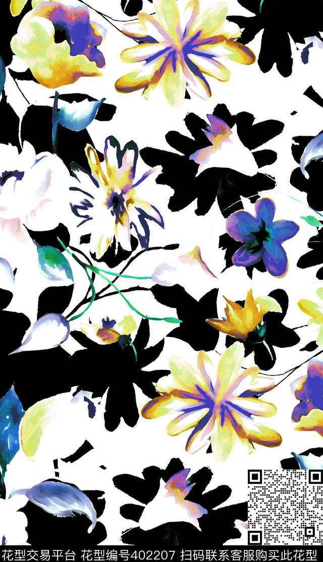 手绘花卉数码印花华亿平台下载（图片编号: 402207） - 瓦栏（Walan）