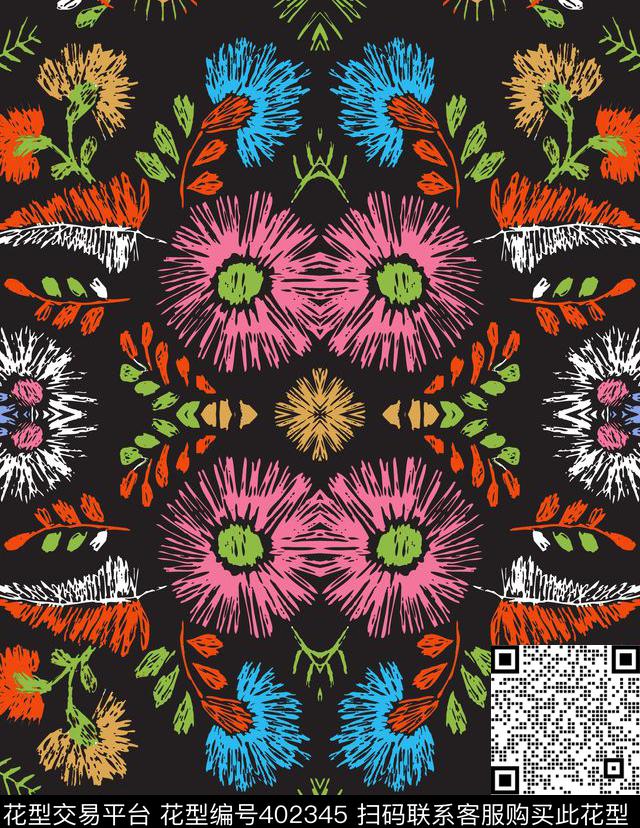 外国风情七彩老人服饰绣花几何_迷彩_纹理花卉传统印花华亿平台下载（图片编号: 402345） - 瓦栏（Walan）