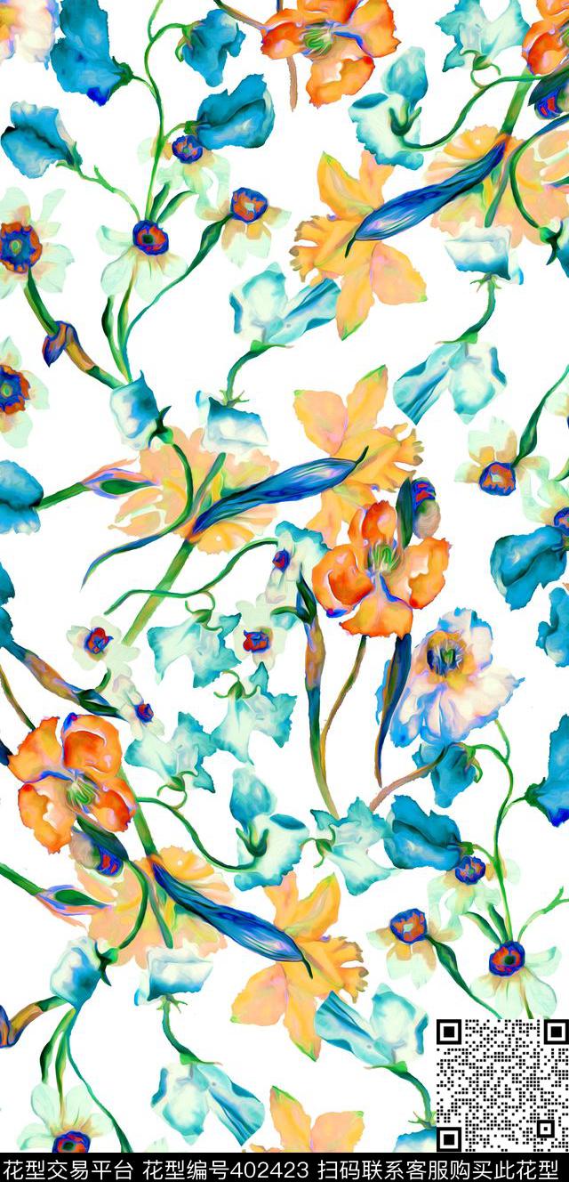 手绘花卉100元买断区数码印花华亿平台下载（图片编号: 402423） - 瓦栏（Walan）