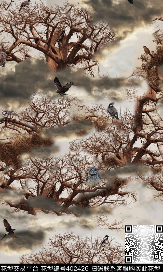 非洲梦境云树鸟数码印花华亿平台下载（图片编号: 402426） - 瓦栏（Walan）