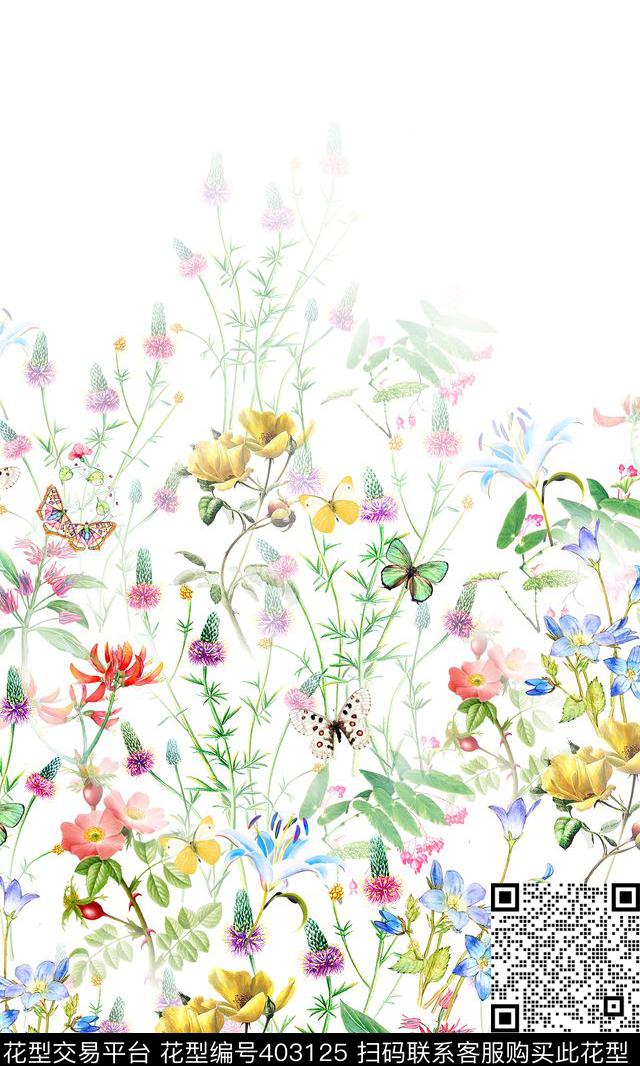 小清新水彩花卉蝴蝶数码印花华亿平台下载（图片编号: 403125） - 瓦栏（Walan）