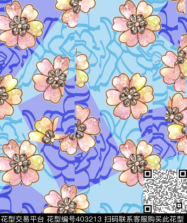 错位叠加线描花钻石花卉现代流行时尚数码印花华亿平台下载（图片编号: 403213） - 瓦栏（Walan）