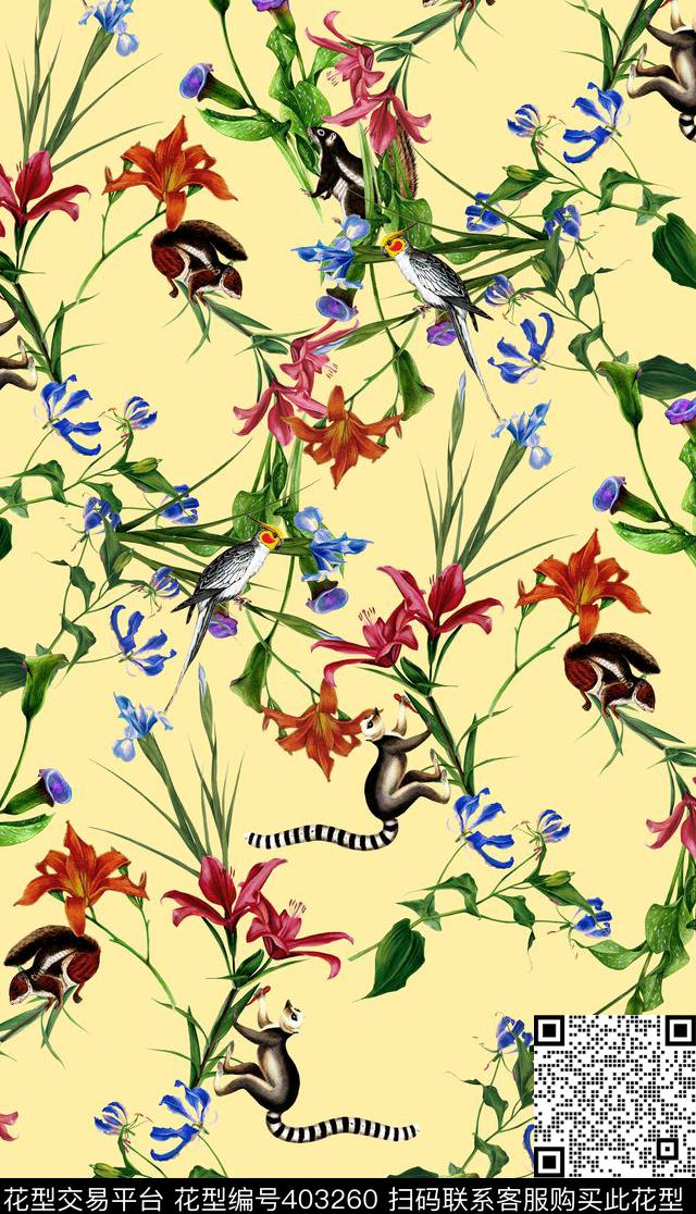 猴子花卉100元买断区数码印花华亿平台下载（图片编号: 403260） - 瓦栏（Walan）