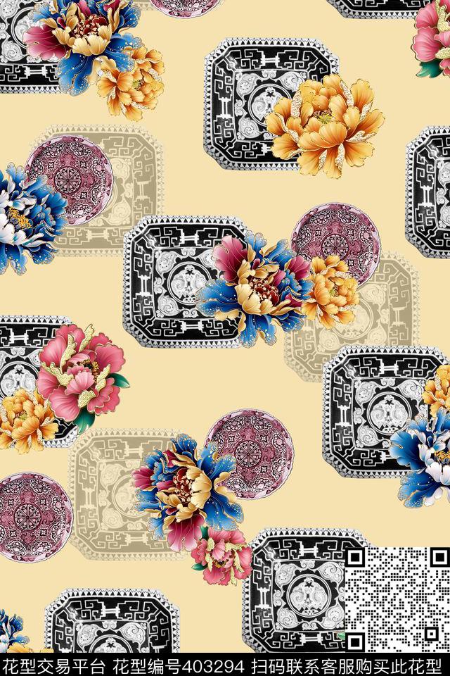 现代中式图案隐约底纹图形中国风花朵数码印花华亿平台下载（图片编号: 403294） - 瓦栏（Walan）