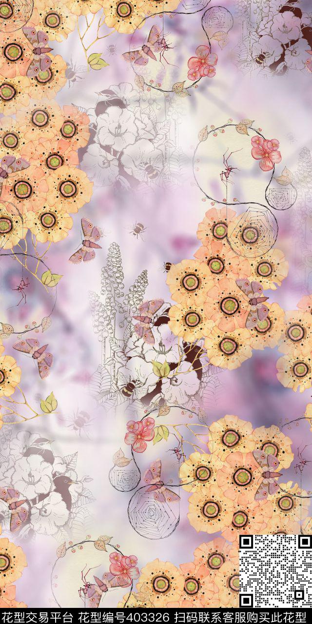 手绘花卉蜘蛛网数码印花华亿平台下载（图片编号: 403326） - 瓦栏（Walan）