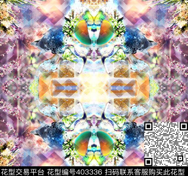 鸟蝴蝶昆虫树木花草人像镜像自然迷幻数码印花华亿平台下载（图片编号: 403336） - 瓦栏（Walan）