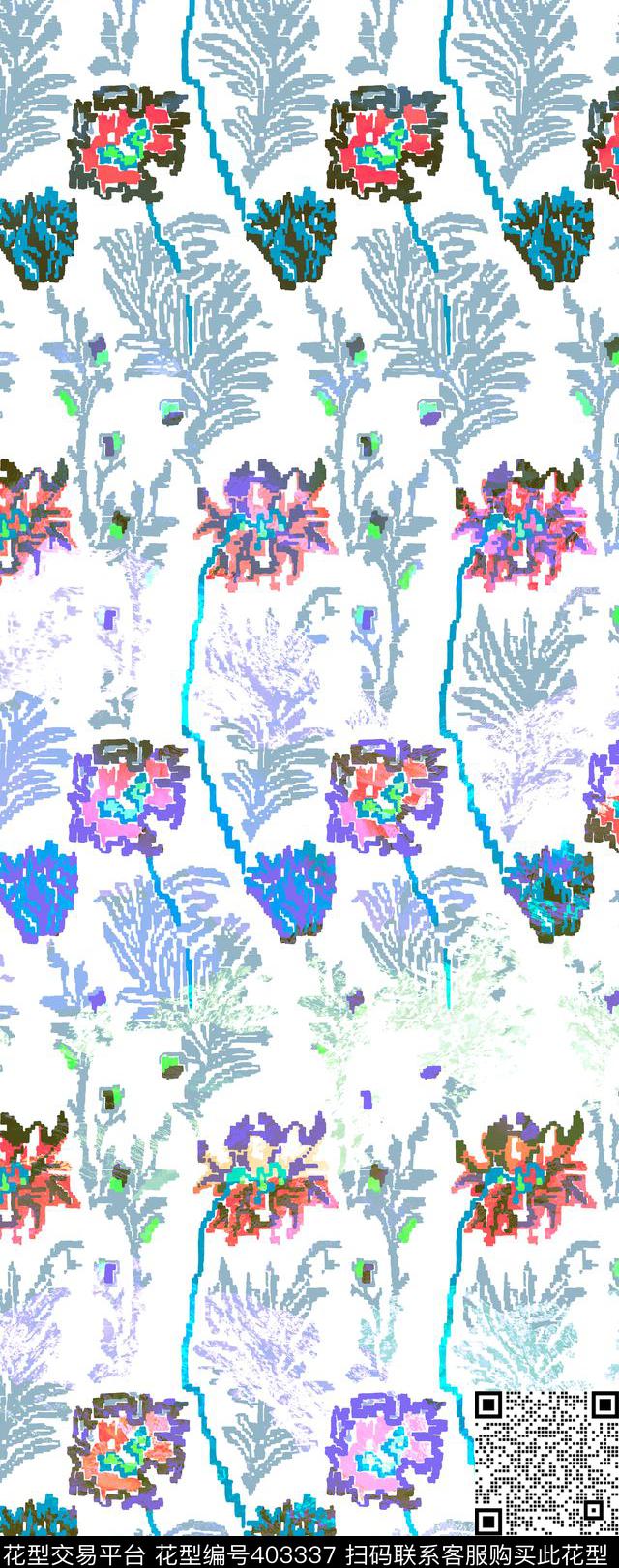 未来感科技感机械感马赛克花卉枝条数码印花华亿平台下载（图片编号: 403337） - 瓦栏（Walan）