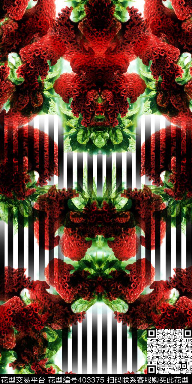 经典黑白条纹鸡冠花数码印花华亿平台下载（图片编号: 403375） - 瓦栏（Walan）