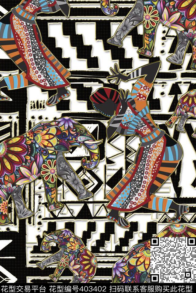 非洲象金边民族数码印花华亿平台下载（图片编号: 403402） - 瓦栏（Walan）