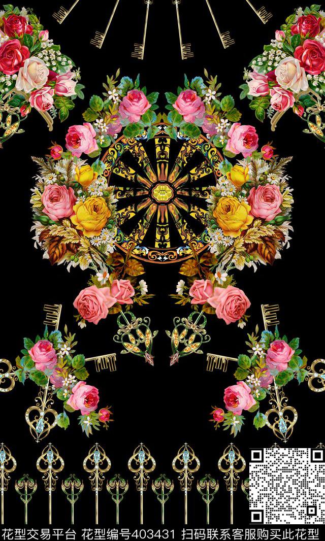 欧式钥匙花卉数码印花华亿平台下载（图片编号: 403431） - 瓦栏（Walan）