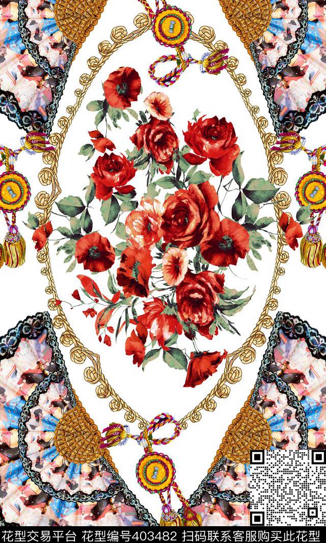 复古风格欧式蕾丝扇子油画花卉数码印花华亿平台下载（图片编号: 403482） - 瓦栏（Walan）