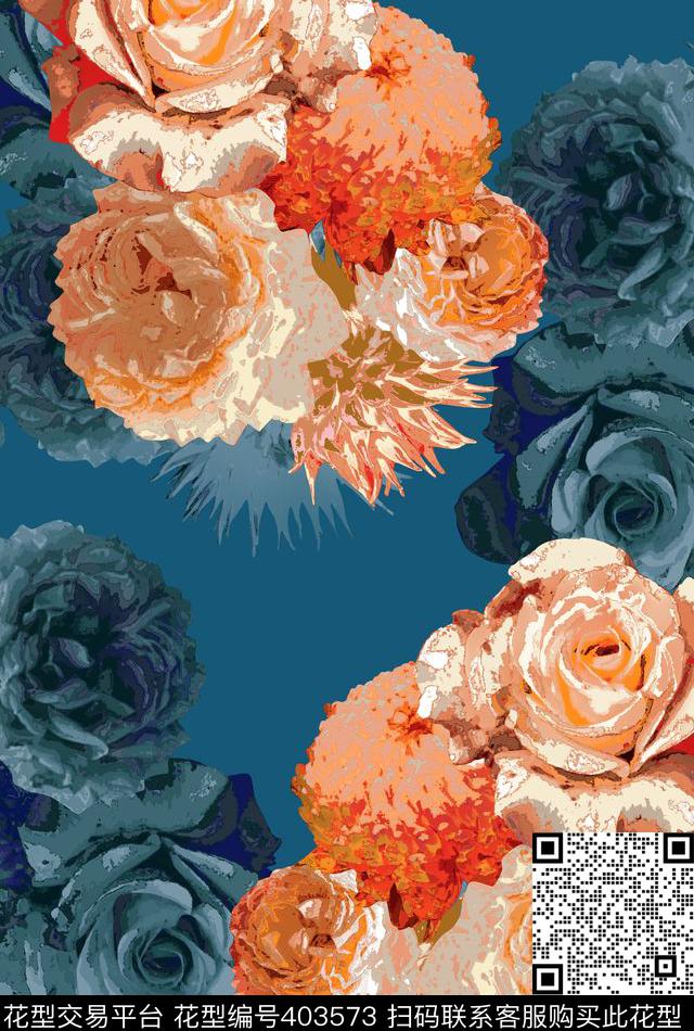 手绘琉璃效果花卉数码印花华亿平台下载（图片编号: 403573） - 瓦栏（Walan）