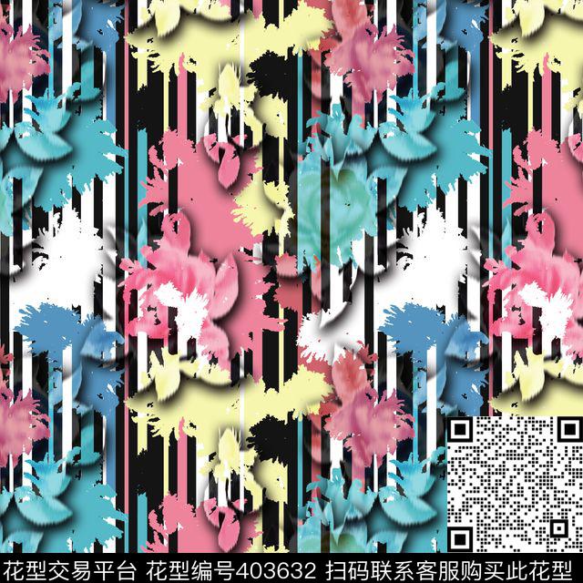 热带植物模糊花竖条叠加现代流行热带数码印花华亿平台下载（图片编号: 403632） - 瓦栏（Walan）
