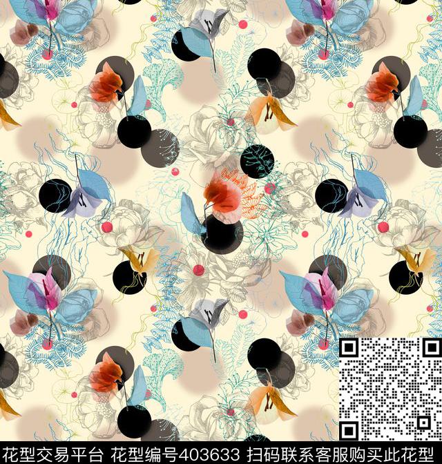 波点圆点花卉线描标本叠加田园复古数码印花华亿平台下载（图片编号: 403633） - 瓦栏（Walan）