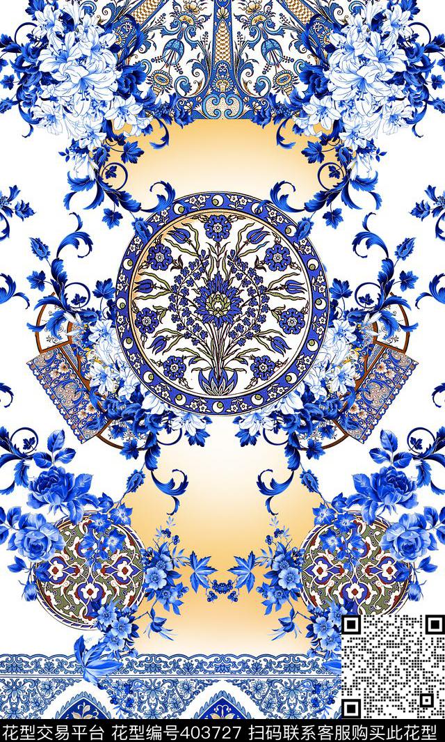 中国风青花瓷花卉数码印花华亿平台下载（图片编号: 403727） - 瓦栏（Walan）