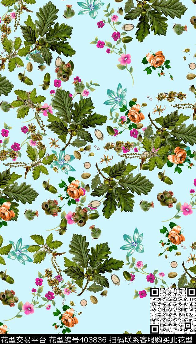 女装四方连续花鸟植物传统印花华亿平台下载（图片编号: 403836） - 瓦栏（Walan）