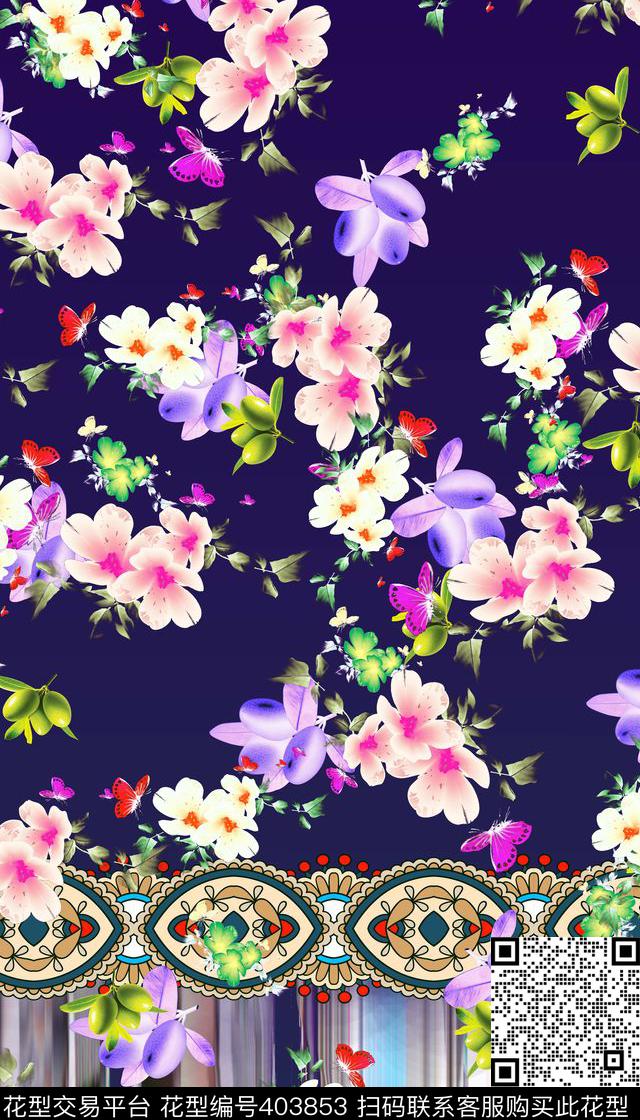 女装二方连续花鸟植物数码印花华亿平台下载（图片编号: 403853） - 瓦栏（Walan）