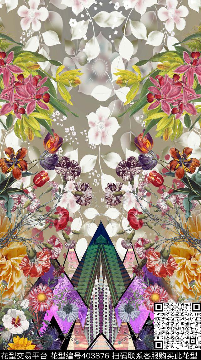 抽象花几何建筑数码印花华亿平台下载（图片编号: 403876） - 瓦栏（Walan）