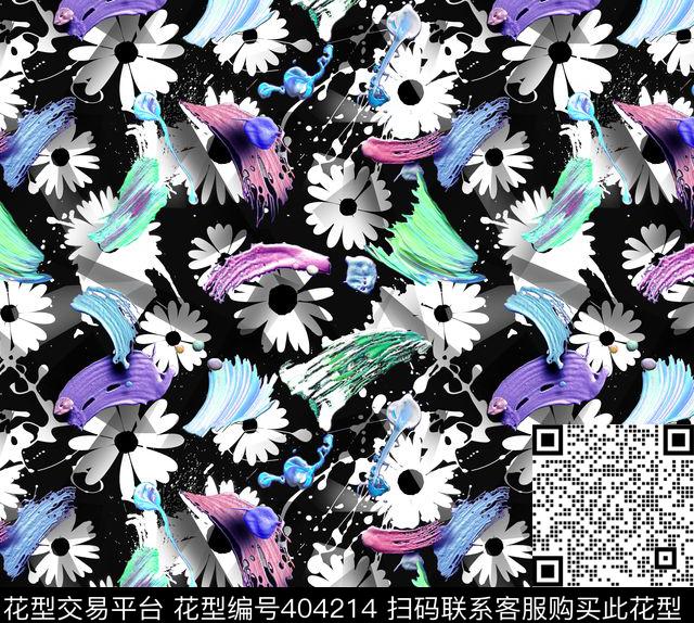 泼墨笔触油画菊花飞溅渐变几何叠加现代流行时尚数码印花华亿平台下载（图片编号: 404214） - 瓦栏（Walan）
