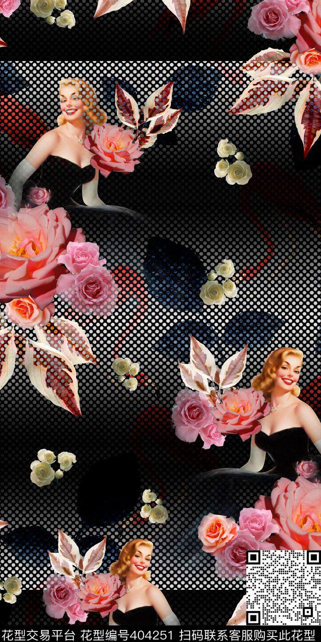 美女花卉组合黑白数码印花华亿平台下载（图片编号: 404251） - 瓦栏（Walan）
