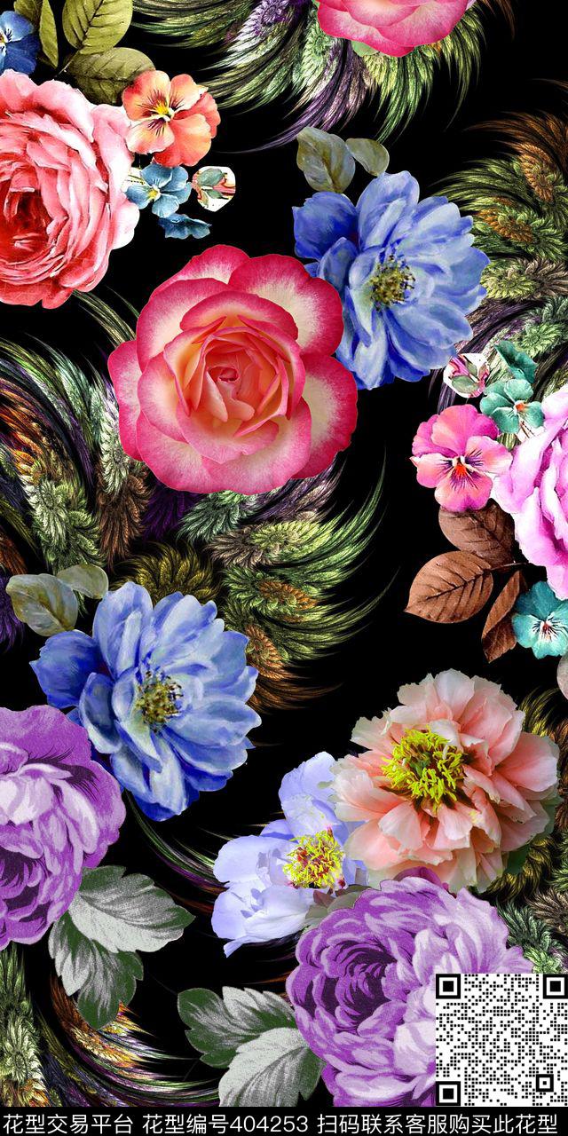绚丽时尚孔雀羽毛大气花卉数码印花华亿平台下载（图片编号: 404253） - 瓦栏（Walan）