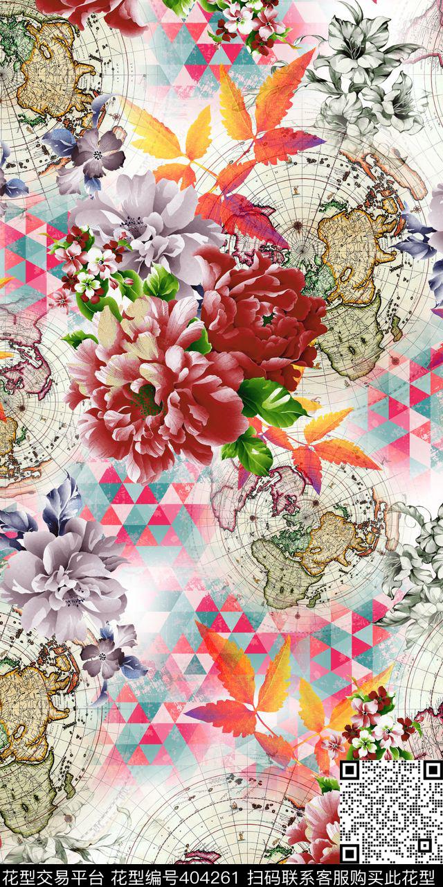 复古地图花卉牡丹数码印花华亿平台下载（图片编号: 404261） - 瓦栏（Walan）