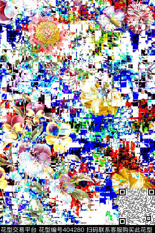 抽象马赛克花卉数码印花华亿平台下载（图片编号: 404280） - 瓦栏（Walan）