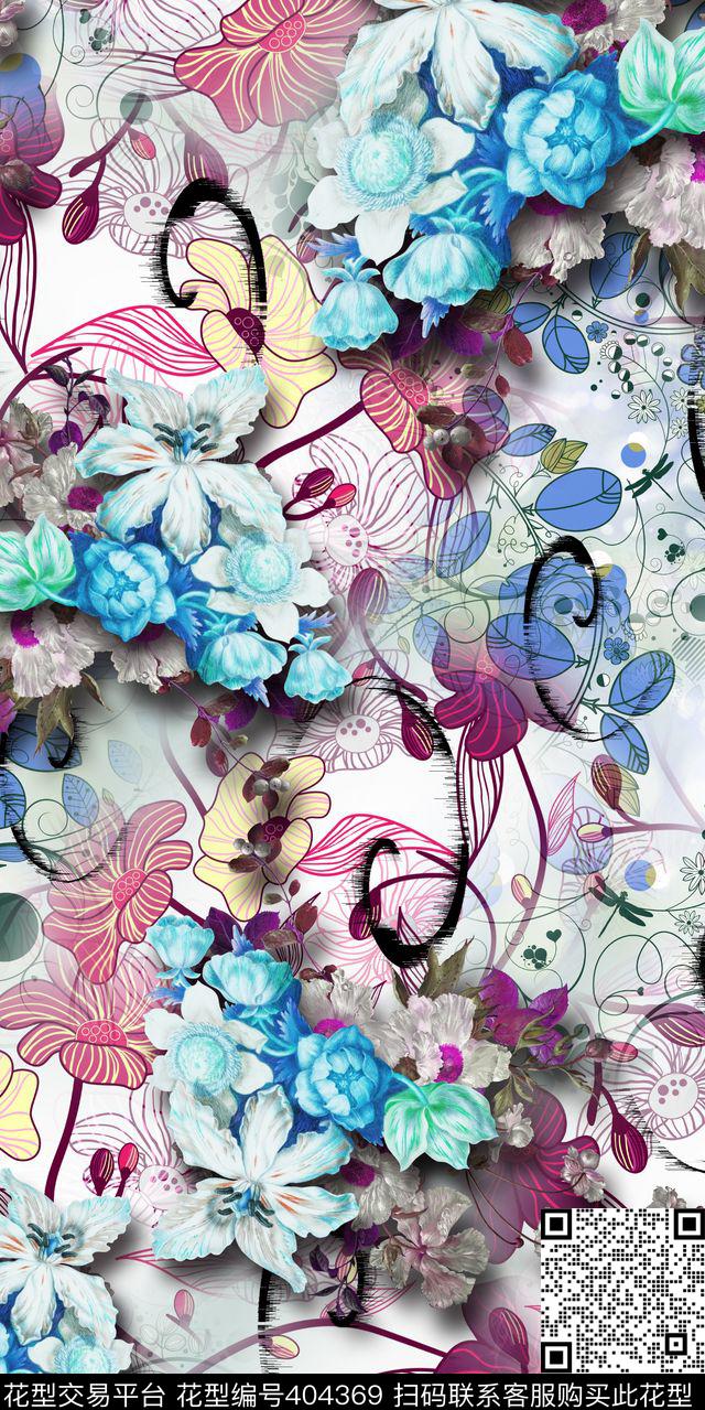 底纹服装花卉组合数码印花华亿平台下载（图片编号: 404369） - 瓦栏（Walan）